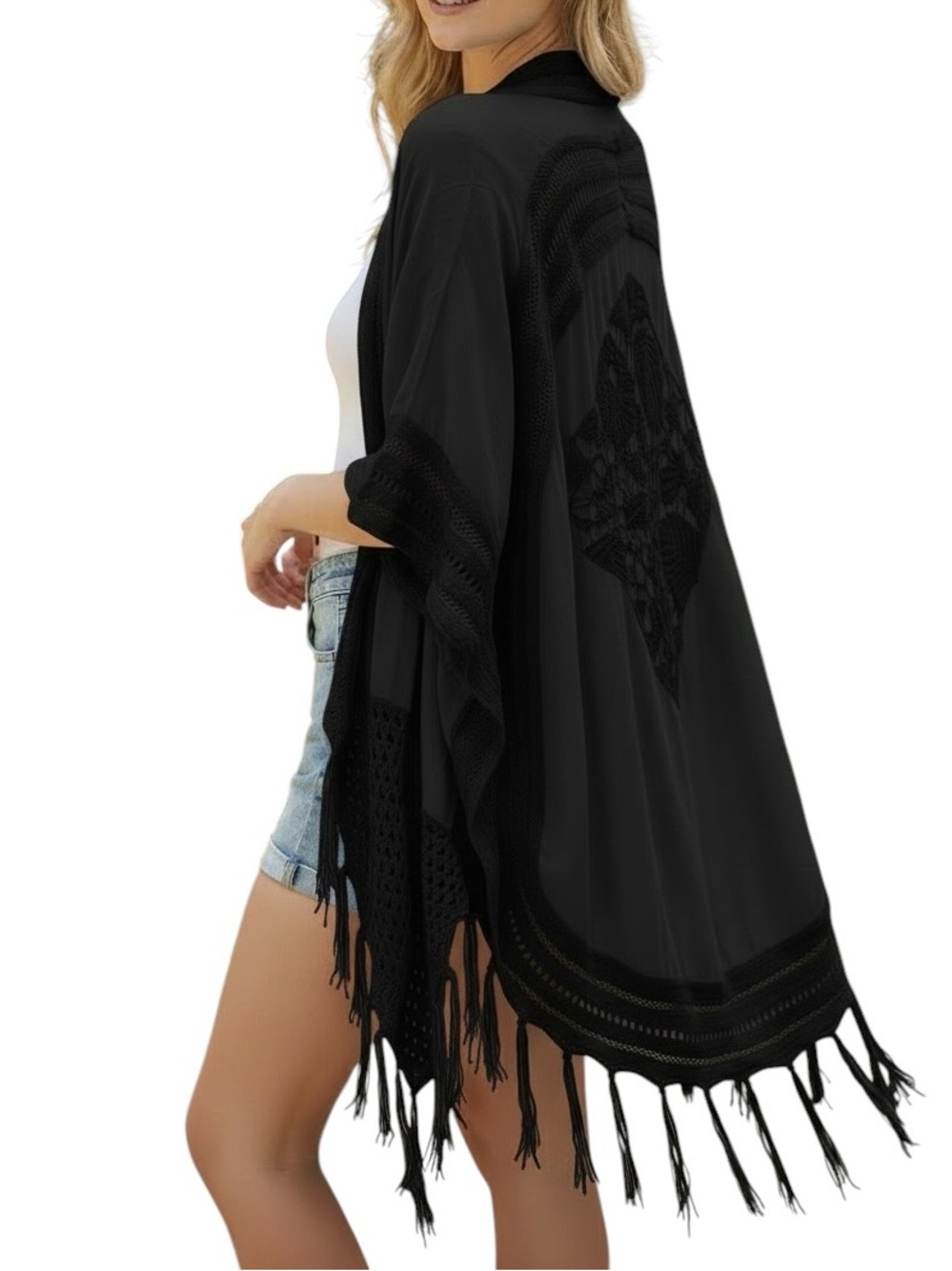 660. Women’s Black Crochet Kimono Cardigan NEW